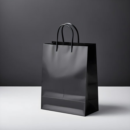 Black paper bag on a gray background. 3d rendering. Mock up.の素材