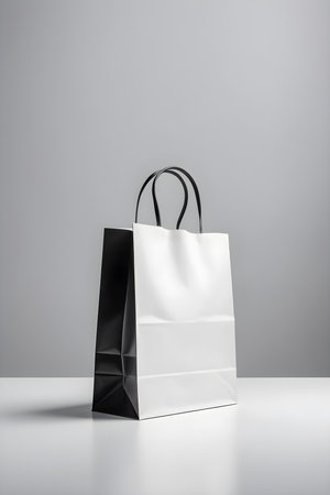 Black and white paper shopping bags on gray background. Mock up.の素材