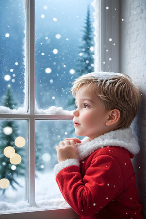 Cute little boy in red santa claus costume looking out the window at snowy winter dayの素材