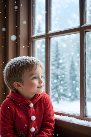 Cute little boy looking out the window in winter. Christmas concept.の素材