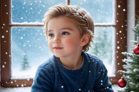 Cute little boy at home near the window. Christmas and New Year conceptの素材