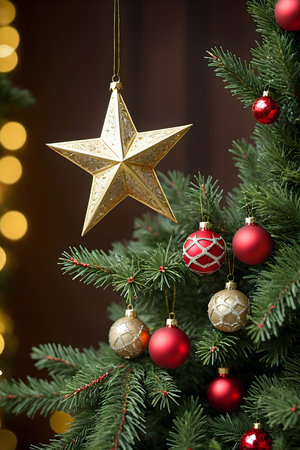 Christmas tree with golden star and baubles on bokeh backgroundの素材