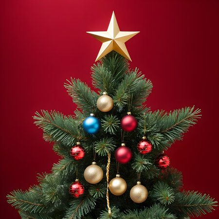 Christmas tree with golden star and baubles on a red backgroundの素材