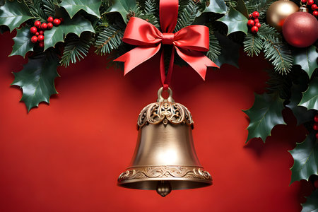 Christmas bell with red bow and holly leaves on red background.の素材