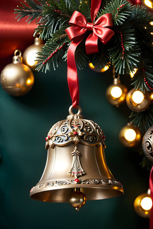 Christmas bell hanging on Christmas tree with bokeh lights background.の素材