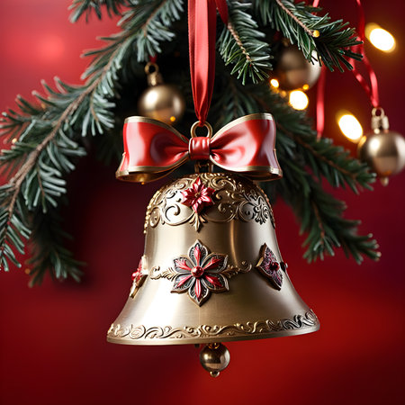 Christmas bell with red bow on the background of Christmas tree and garlandの素材