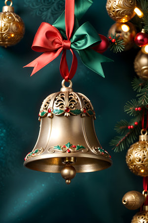 Christmas bell with red bow and ribbons on a blue background.の素材