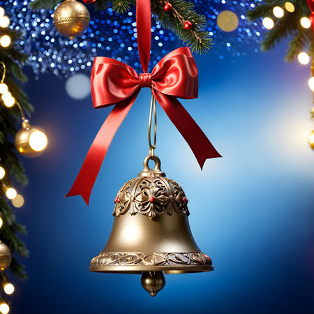 Christmas bell with red bow and fir branch on blue bokeh backgroundの素材