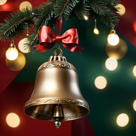 Christmas bell with red bow hanging on fir tree branch and bokeh backgroundの素材