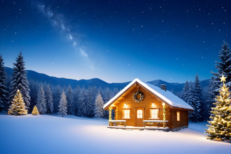 Christmas and New Year holidays background. Wooden house in the mountains.の素材
