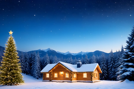 Wooden house in winter mountains. Christmas and New Year background.の素材