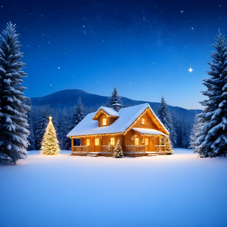 Fantastic Christmas landscape with wooden house in the mountains at nightの素材