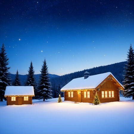 christmas background with wooden house and fir trees in the mountains at nightの素材