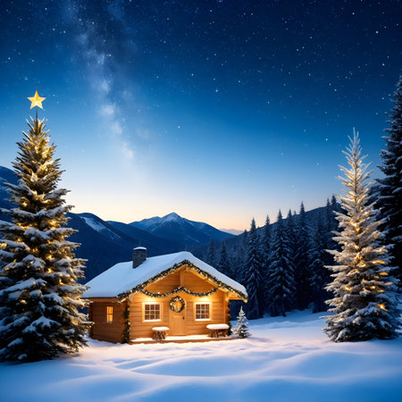 Wooden cottage in the mountains at night with Christmas tree and starの素材