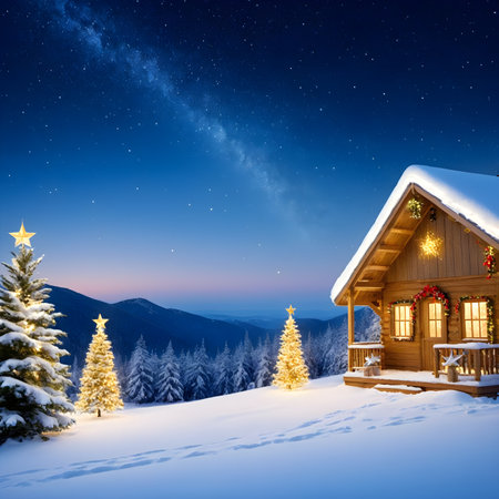 Beautiful winter landscape with wooden house in snowy mountains. Christmas backgroundの素材