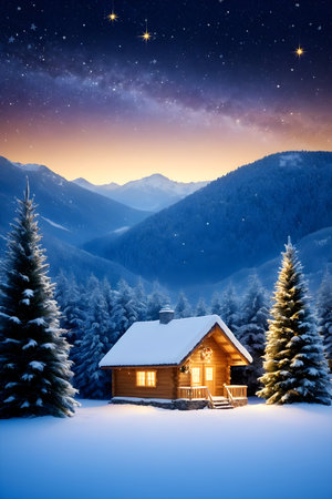 Wooden house in the mountains at night. Christmas and New Year background.の素材