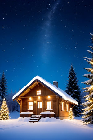 Beautiful wooden house in snowy forest at night. Christmas background.の素材