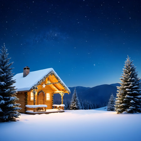 Fantastic winter landscape with wooden house and starry sky.の素材