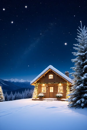 Wooden house in the mountains at night. Christmas and New Year concept.の素材