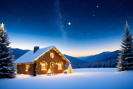 Cottage in the mountains at night. Christmas and New Year concept.の素材