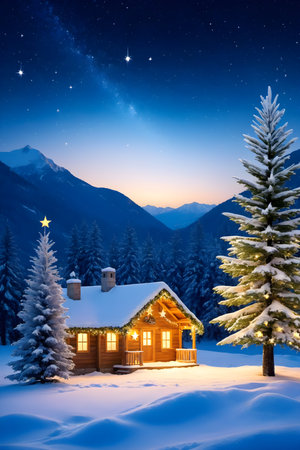 Cottage in the mountains. Winter landscape. Christmas and New Year.の素材