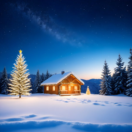 Beautiful winter landscape with snowy fir trees and wooden house at nightの素材