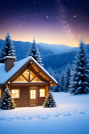 Wooden house in the mountains at night. Christmas and New Year background.の素材