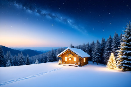 Beautiful winter landscape with wooden house in the mountains at night.の素材