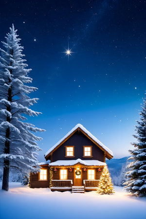 Christmas cottage in the mountains at night with fir trees and starry skyの素材