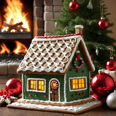 Gingerbread house in front of a fireplace with christmas decorationsの素材