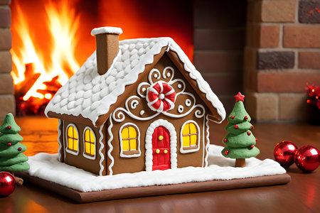 Gingerbread house in front of a fireplace with Christmas ornamentsの素材