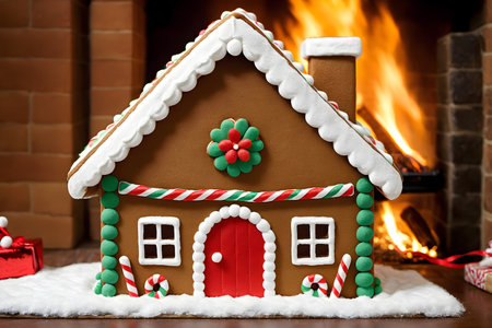 Gingerbread house on the background of a fireplace and Christmas decorationsの素材