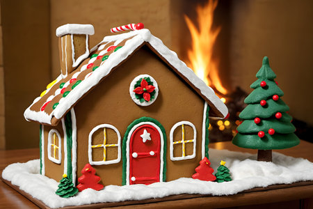 Gingerbread house with christmas tree in front of a fireplaceの素材