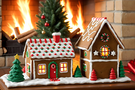 Gingerbread houses in front of a fireplace with Christmas decorations.の素材