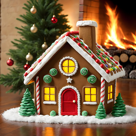 Gingerbread house in front of a fireplace. Christmas decoration.の素材