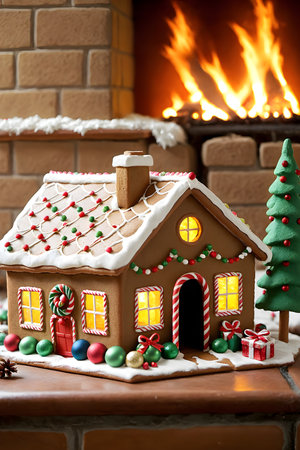 Gingerbread house with christmas decoration near fireplace, closeupの素材
