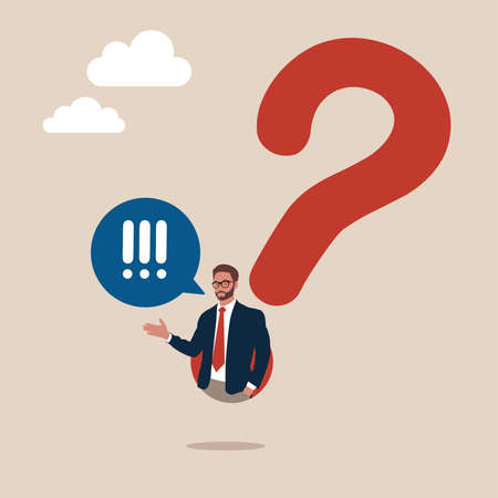 Determination entrepreneur comes out from question mark sign to answer question. Answer business question, determination or sill and decision to solve problem.のイラスト素材