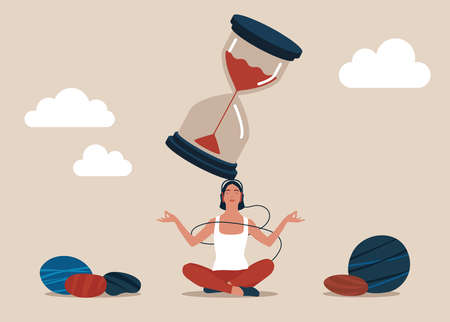 Endurance concept, relax woman sitting with sandglass on her head practicing patience. Patience...