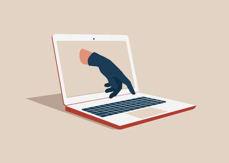 Password breach concept, data stealing. A hand in a black glove typing on a keyboard.のイラスト素材