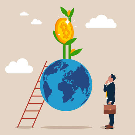 Entrepreneur about to climb up ladder on globe to reach money plant. Global investment opportunity, world stock mutual funds, international or worldwide company profit growth.のイラスト素材