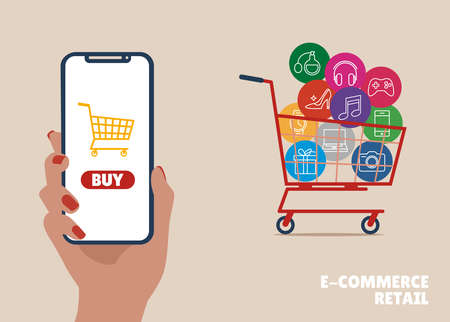 E-commerce, online shopping and retail, internet of things concept. Creative infographic banner with elements in thin line style.のイラスト素材