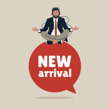 Full length mindful young businessman making gesture, sitting in lotus position on the new arrival bubble.のイラスト素材