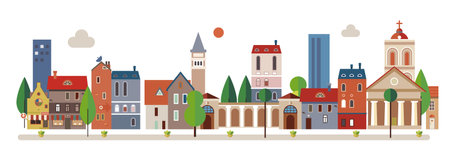 Cute houses, city buildings. Cozy town panorama with home exteriors. Urban street with chimneys, smoke. Flat vector illustration isolated on white background.のイラスト素材