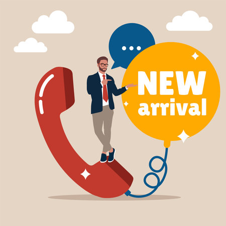Confidence salesman standing with telephone connected to bubble, new arrival. Telemarketing or telesales, phone call for selling product or business deal via telephone call.のイラスト素材