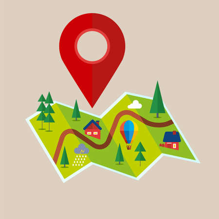 GPS navigator with pointer on place of destination and path. Route and locations marked with pin on paper map.のイラスト素材