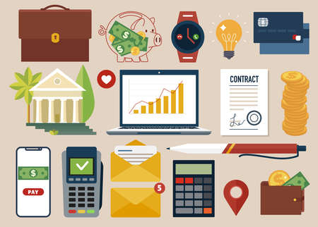 Collection of business workflow items and elements, finance and marketing objects. Flat design modern vector illustration concept.のイラスト素材