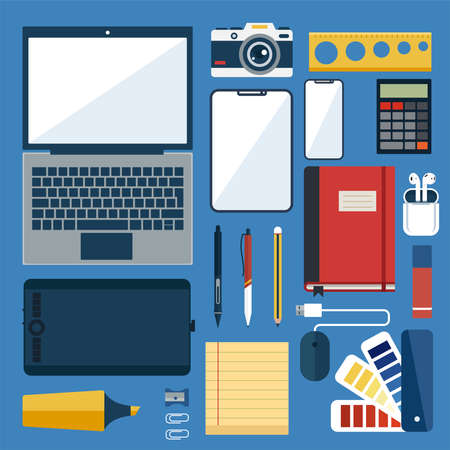 Office workplace with supplies and elements in flat design vector illustration.のイラスト素材