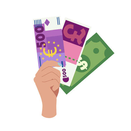 Hand holding paper money. Arm giving banknotes, paying on cash. Currency, bank notes in fingers icon. Finance, payment.のイラスト素材