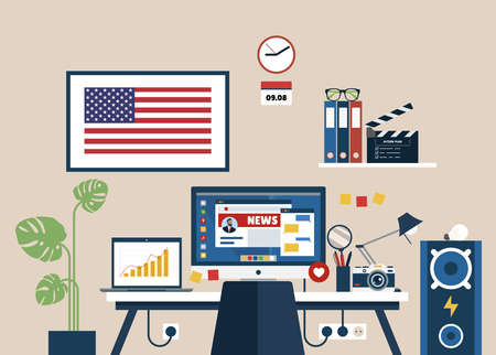 Illustration of a modern creative office workspace with computers and other ornaments, can be used for websites and mobile websites.のイラスト素材