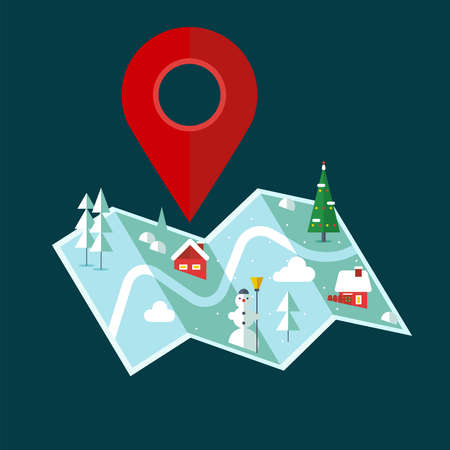 GPS navigator with pointer on place of destination and path. Route and locations marked with pin on paper map. happy new year and merry christmasのイラスト素材